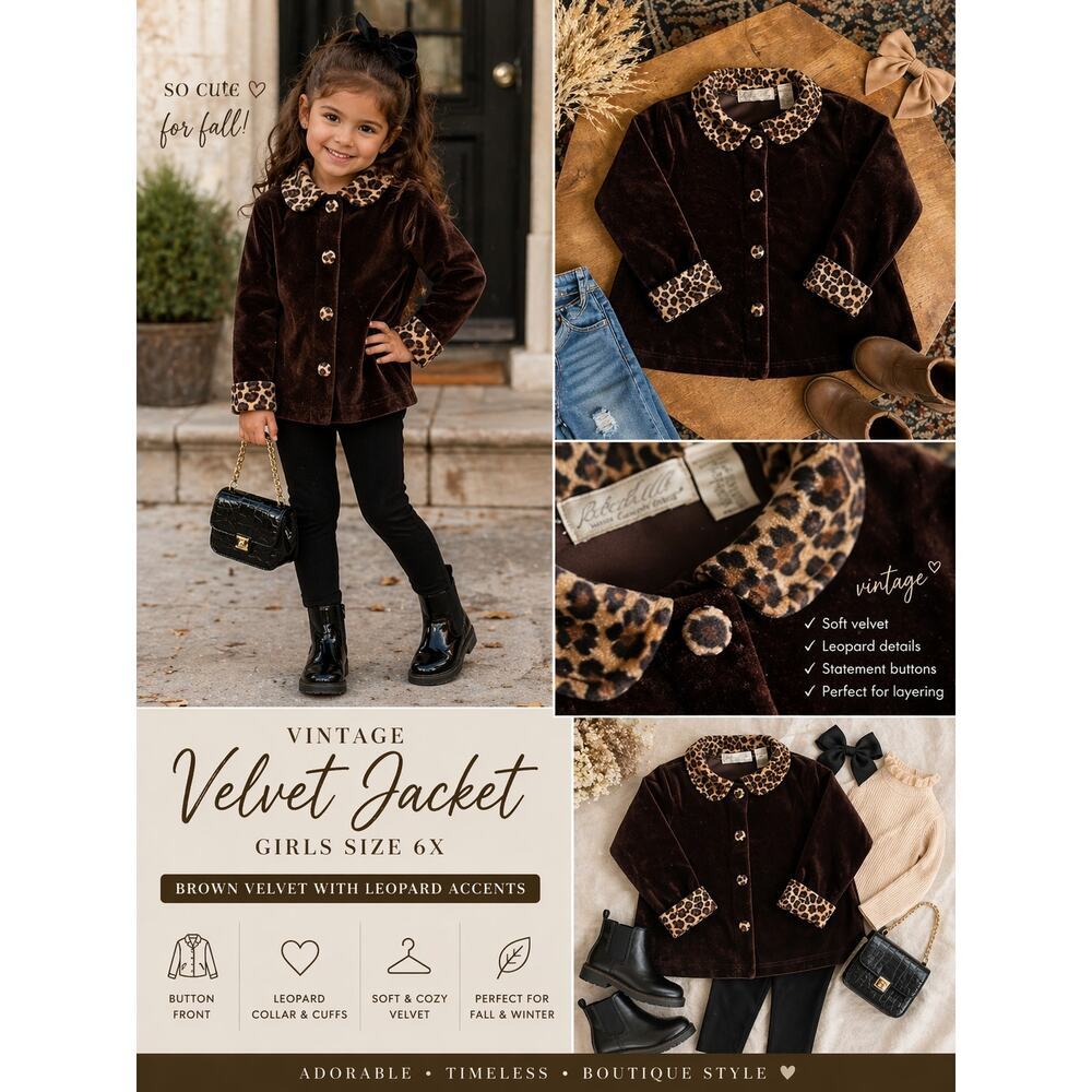 Vintage Velvet Jacket Girls 6X Leopard Print Collar Button Front Brown